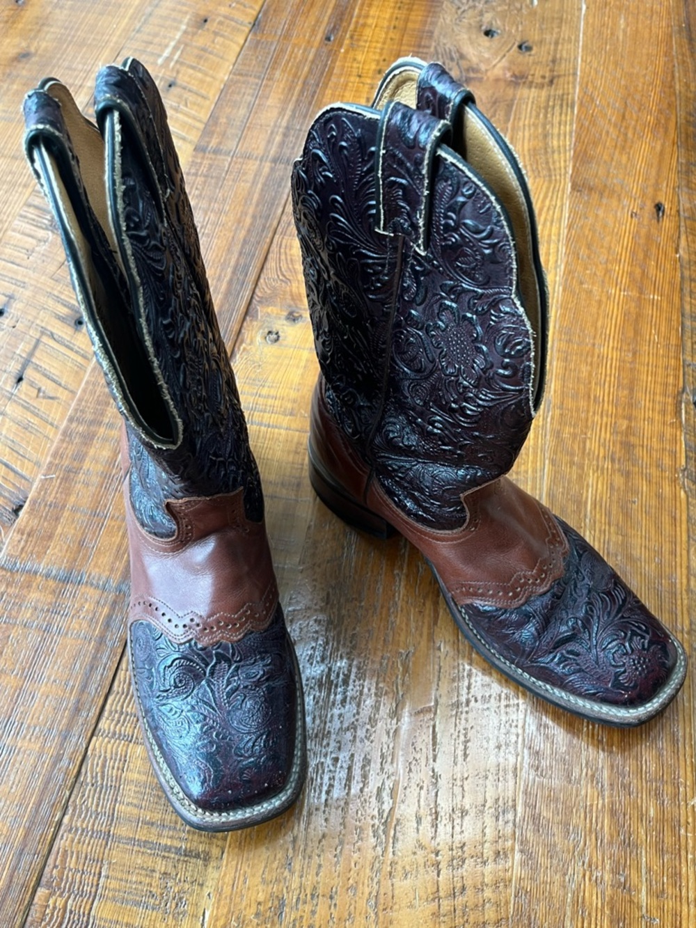Boulet Brown Tooled Leather Western Cowboy Boots Size 10